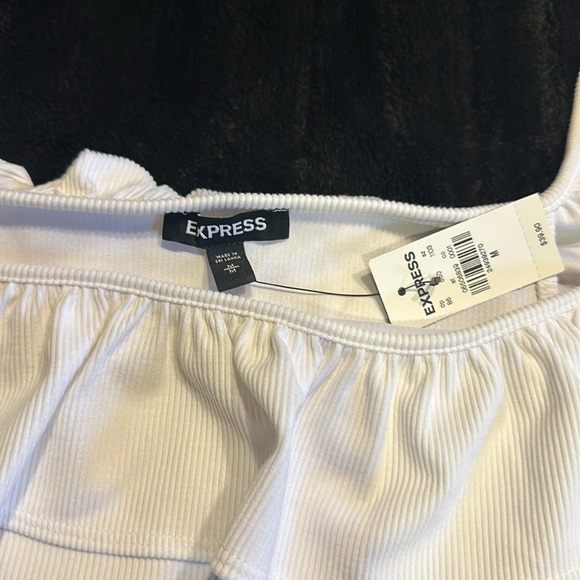 NWT Express white ruffle shirt off the shoulder w snap closure thong bottom - Picture 2 of 8